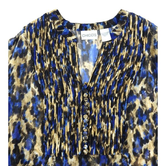 Chicos Sz 1 (M) Blue Brown Animal Print Sheer Blouse LS Pintuck Button Front - Picture 10 of 10